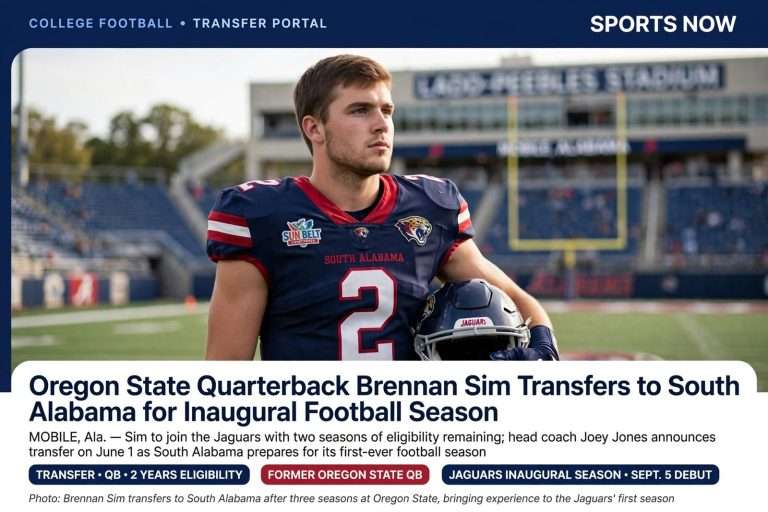 Illustration for the news story: Oregon State Quarterback Brennan Sim Transfers to South Alabama for Inaugural Football Season