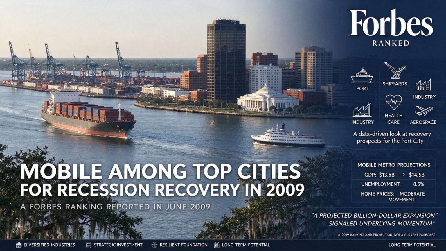 Illustration for the news story: Forbes Ranked Mobile Among Top Cities for Recession Recovery in 2009
