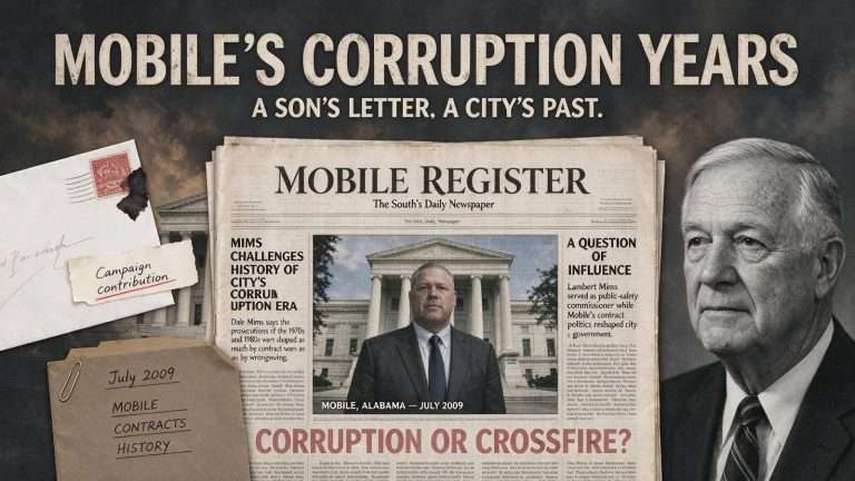 Illustration for the news story: Son of the Late Lambert Mims Offers a Dissenting History of Mobile’s Corruption Years
