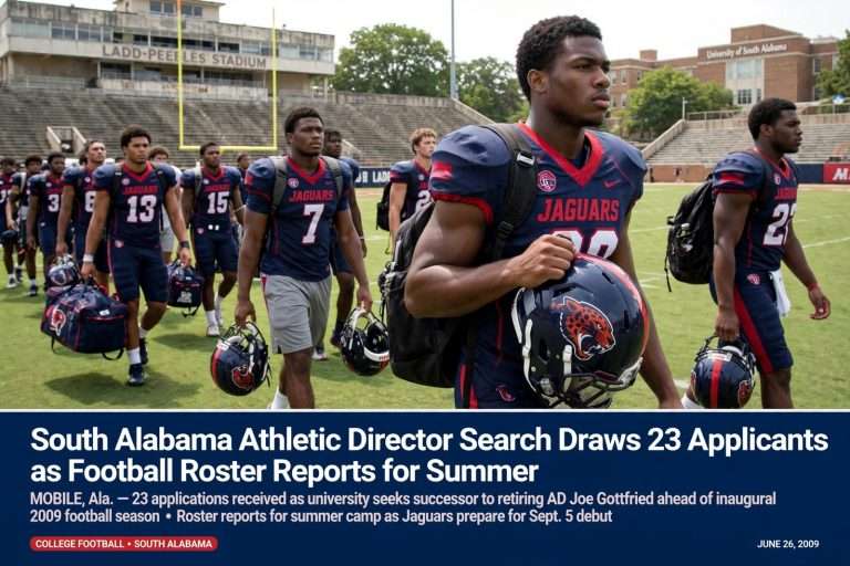 Illustration for the news story: South Alabama Athletic Director Search Draws 23 Applicants as Football Roster Reports for Summer
