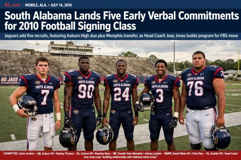 Illustration for the news story: South Alabama Lands Five Early Verbal Commitments for 2010 Football Signing Class
