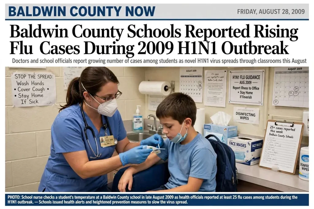 Illustration for the news story: Baldwin County Schools Reported Rising Flu Cases During 2009 H1N1 Outbreak
