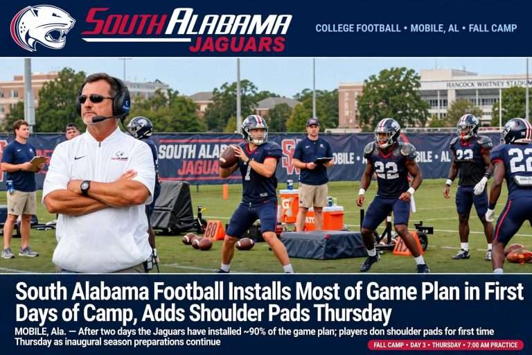 Illustration for the news story: South Alabama Football Installs Most of Game Plan in First Days of Camp, Adds Shoulder Pads Thursday