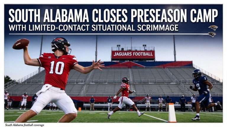 Illustration for the news story: South Alabama Closes Preseason Camp With Limited-Contact Situational Scrimmage