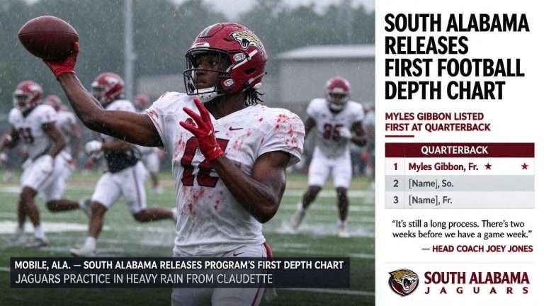 Illustration for the news story: South Alabama Releases First Football Depth Chart; Freshman Myles Gibbon Listed First at Quarterback