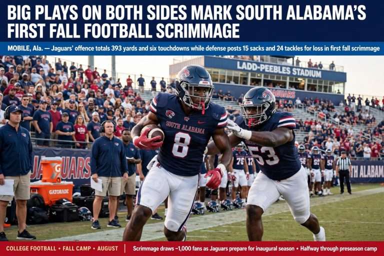 Illustration for the news story: Big Plays on Both Sides Mark South Alabama’s First Fall Football Scrimmage