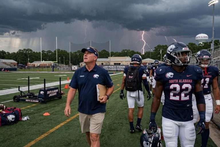 Illustration for the news story: Lightning Cuts Short South Alabama’s First Two-a-Day Practice of Fall Camp