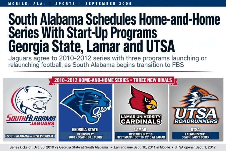 Illustration for the news story: South Alabama Schedules Home-and-Home Series With Start-Up Programs Georgia State, Lamar and UTSA
