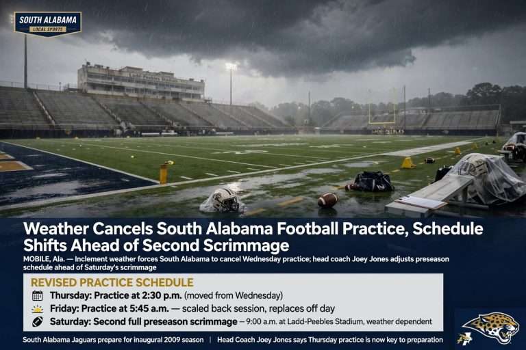 Illustration for the news story: Weather Cancels South Alabama Football Practice, Schedule Shifts Ahead of Second Scrimmage