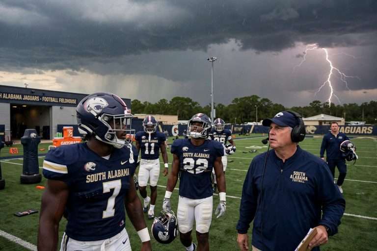 Illustration for the news story: Lightning Cuts South Alabama Football Practice Short for Second Straight Day