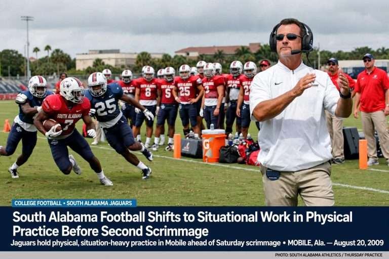 Illustration for the news story: South Alabama Football Shifts to Situational Work in Physical Practice Before Second Scrimmage