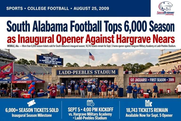 Illustration for the news story: South Alabama Football Tops 6,000 Season Tickets as Inaugural Opener Against Hargrave Nears