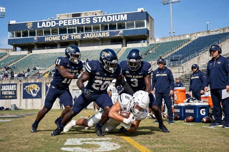 Illustration for the news story: South Alabama Defense Tightens In Red Zone During Second Preseason Scrimmage At Ladd-Peebles