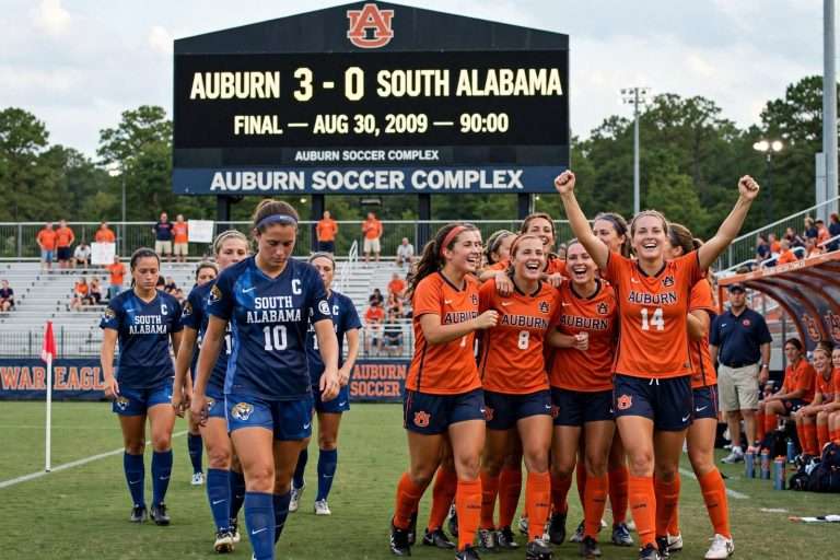 Illustration for the news story: South Alabama Soccer Falls 3-0 at Auburn to Close Difficult Opening-Weekend Road Trip