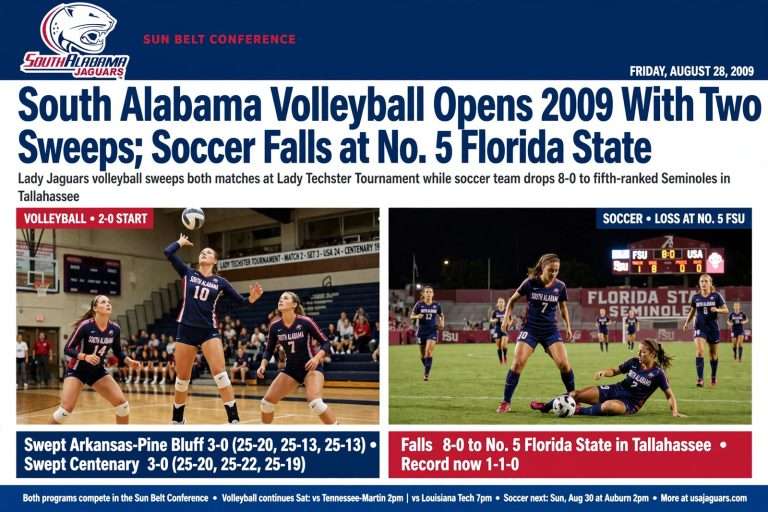Illustration for the news story: South Alabama Volleyball Opens 2009 With Two Sweeps; Soccer Falls at No. 5 Florida State