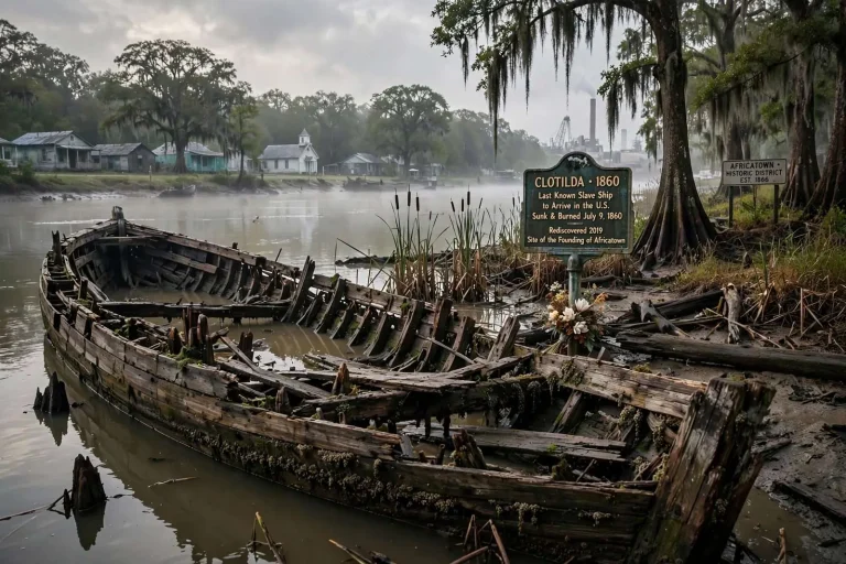 Illustration for the news story: The Clotilda’s Secret Voyage and the Founding of Mobile’s Africatown