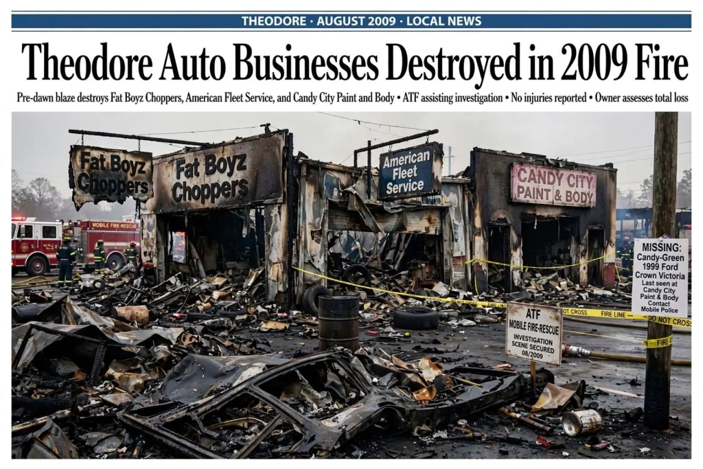 Illustration for the news story: Theodore Auto Businesses Destroyed in 2009 Fire