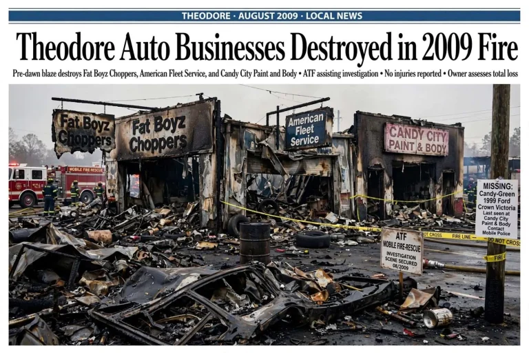 Illustration for the news story: Theodore Auto Businesses Destroyed in 2009 Fire
