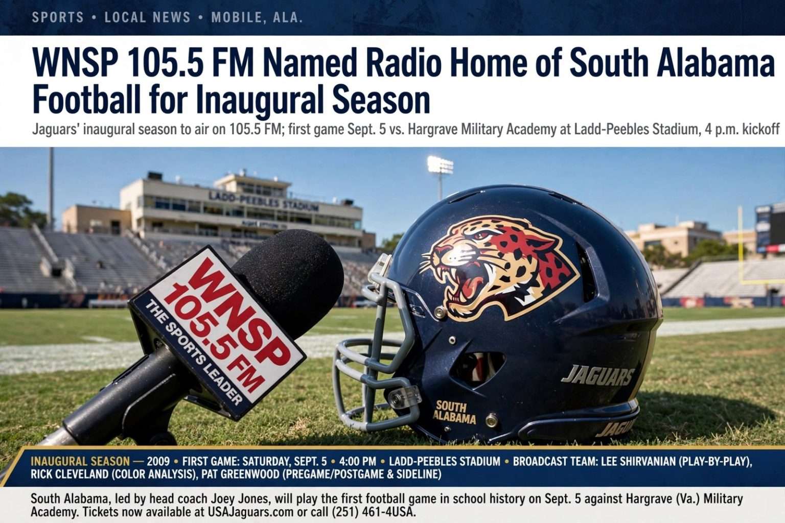 Illustration for the news story: WNSP 105.5 FM Named Radio Home of South Alabama Football for Inaugural Season