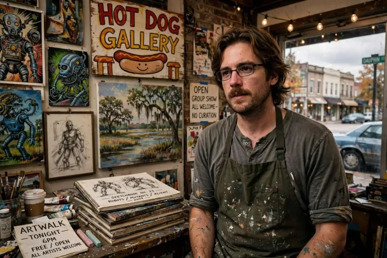 Illustration for the news story: Before Walter Simon Fine Art: A 2009 Conversation With the Painter Behind Mobile’s Hot Dog Gallery