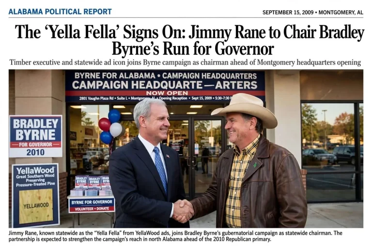 Illustration for the news story: The ‘Yella Fella’ Signs On: Jimmy Rane to Chair Bradley Byrne’s Run for Governor