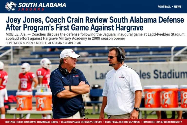 Illustration for the news story: Joey Jones, Coach Crain Review South Alabama Defense After Program’s First Game Against Hargrave