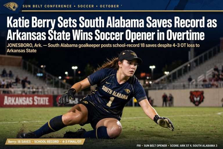 Illustration for the news story: Katie Berry Sets South Alabama Saves Record as Arkansas State Wins Soccer Opener in Overtime