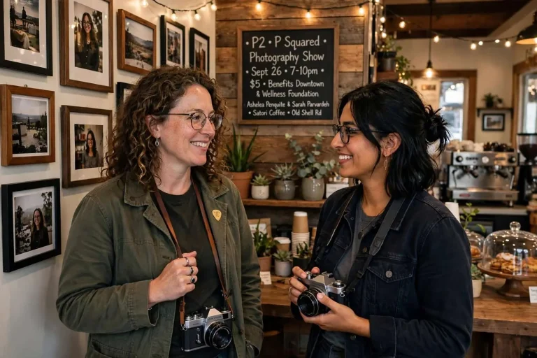 Illustration for the news story: Mobile Photographers Ashelea Penquite and Sarah Parvardeh Team Up for “P2” Benefit Show at Satori Coffee