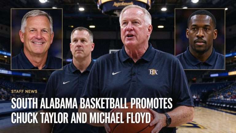 Illustration for the news story: South Alabama Basketball Promotes Chuck Taylor and Michael Floyd on Ronnie Arrow’s Staff