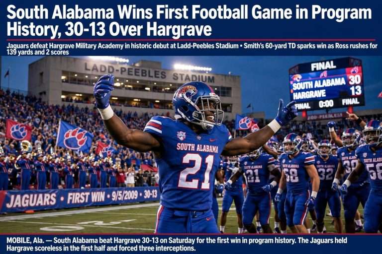 Illustration for the news story: South Alabama Wins First Football Game in Program History, 30-13 Over Hargrave