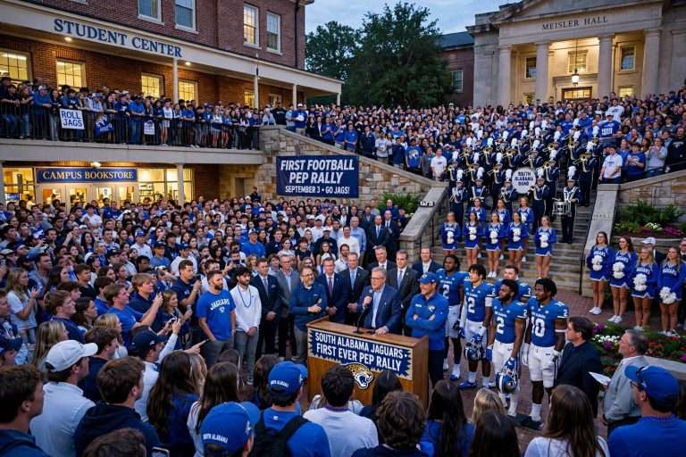 Illustration for the news story: Fans Pack Campus Amphitheater for South Alabama’s First Football Pep Rally