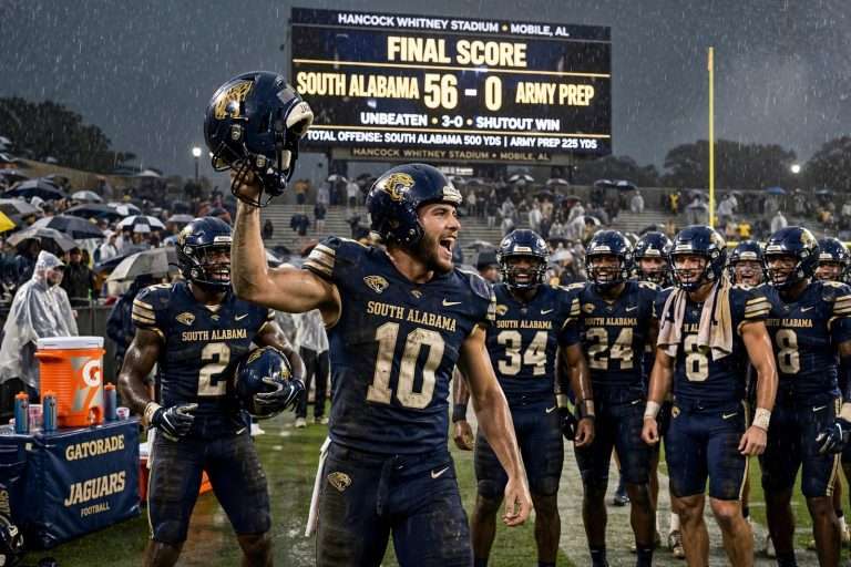 Illustration for the news story: South Alabama Shuts Out Army Prep 56-0 to Stay Unbeaten After Three-Week Layoff