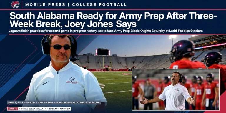 Illustration for the news story: South Alabama Ready for Army Prep After Three-Week Break, Joey Jones Says