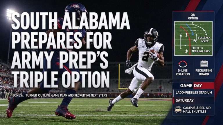 Illustration for the news story: South Alabama Prepares for Army Prep’s Triple Option as Brian Turner Outlines Recruiting Plans
