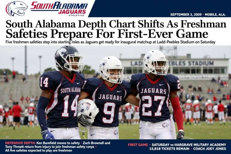 Illustration for the news story: South Alabama Depth Chart Shifts As Freshman Safeties Prepare For First-Ever Game
