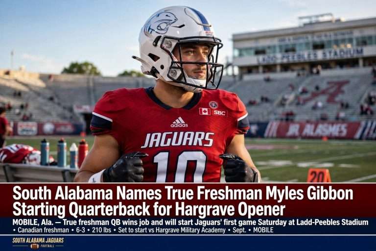 Illustration for the news story: South Alabama Names True Freshman Myles Gibbon Starting Quarterback for Hargrave Opener