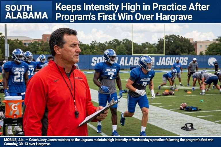 Illustration for the news story: South Alabama Keeps Intensity High in Practice After Program’s First Win Over Hargrave