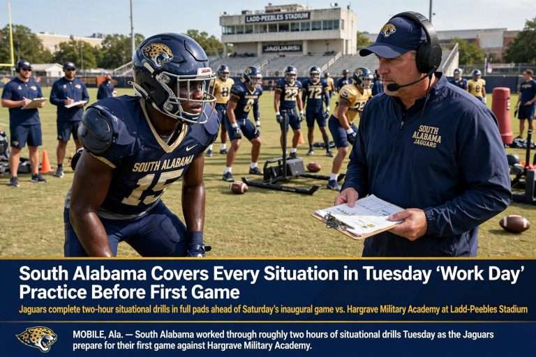 Illustration for the news story: South Alabama Covers Every Situation in Tuesday ‘Work Day’ Practice Before First Game