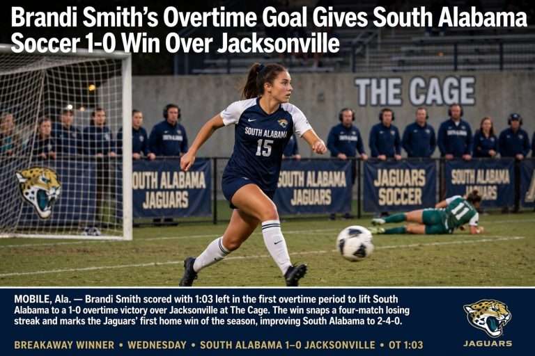 Illustration for the news story: Brandi Smith’s Overtime Goal Gives South Alabama Soccer 1-0 Win Over Jacksonville