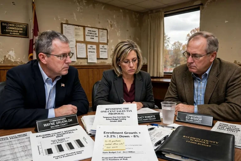 Illustration for the news story: Baldwin Leaders Revisited Sales Tax Option as School Cuts Mounted