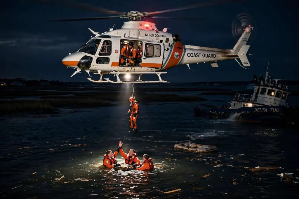 Illustration for the news story: Coast Guard Rescued Tugboat Crew After 2009 Mobile Bay Sinking