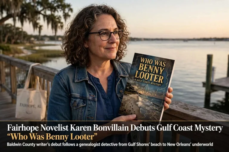 Illustration for the news story: Fairhope Novelist Karen Bonvillain Debuts Gulf Coast Mystery “Who Was Benny Looter”