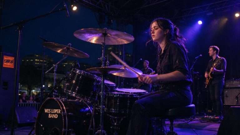 Illustration for the news story: From Secret Bedroom Practice to Bayfest Stage: Wes Loper Band Drummer Alice Grayson on Her Unlikely Path