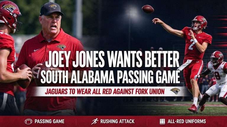 Illustration for the news story: Joey Jones Wants Better South Alabama Passing Game, Jaguars to Wear All Red Against Fork Union