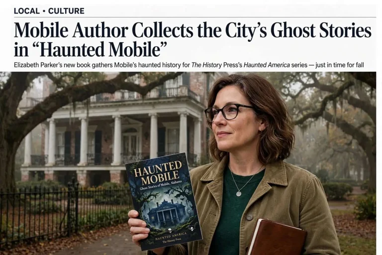 Illustration for the news story: Mobile Author Elizabeth Parker Collects the City’s Ghost Stories in “Haunted Mobile”