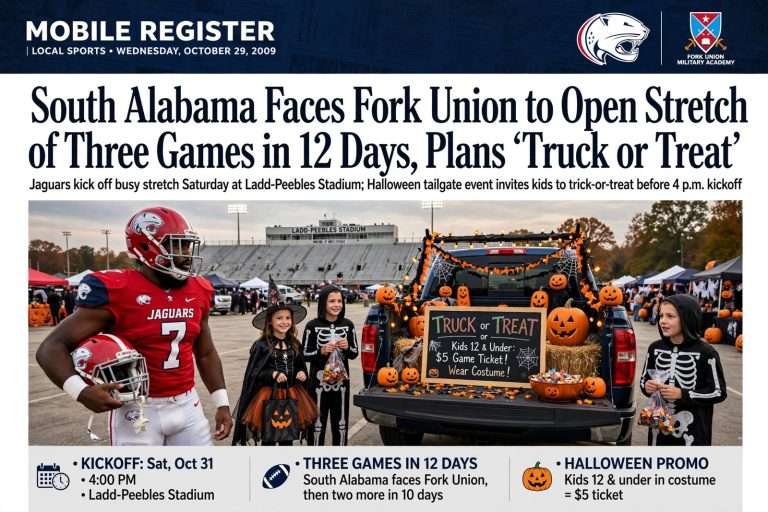 Illustration for the news story: South Alabama Faces Fork Union to Open Stretch of Three Games in 12 Days, Plans ‘Truck or Treat’