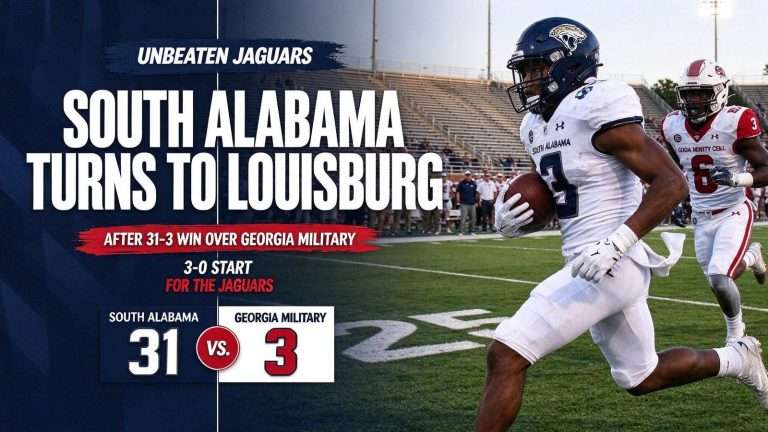 Illustration for the news story: Unbeaten South Alabama Turns to Louisburg After 31-3 Win Over Georgia Military College
