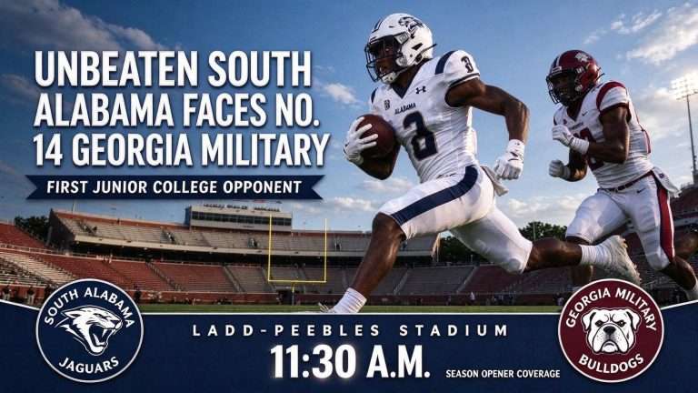 Illustration for the news story: Unbeaten South Alabama Faces First Junior College Opponent in No. 14 Georgia Military