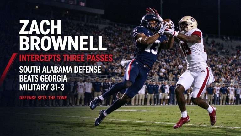 Illustration for the news story: Zach Brownell Intercepts Three Passes as South Alabama Defense Beats Georgia Military 31-3
