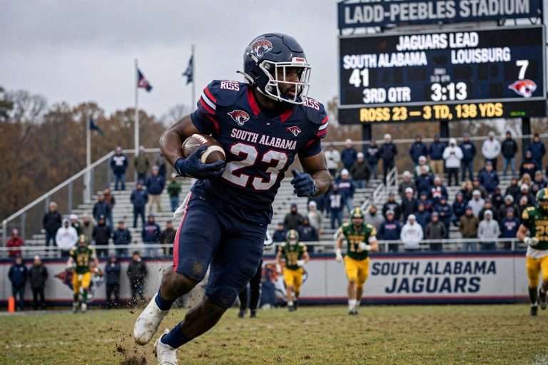Illustration for the news story: Brandon Ross Runs for Three Touchdowns as South Alabama Beats Louisburg 41-7 to Stay Unbeaten